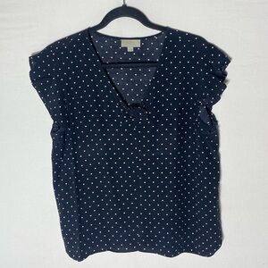 LOFT Black and White Polka Dot Short Sleeve Blouse W Flutter Ruffle Sleeve LP